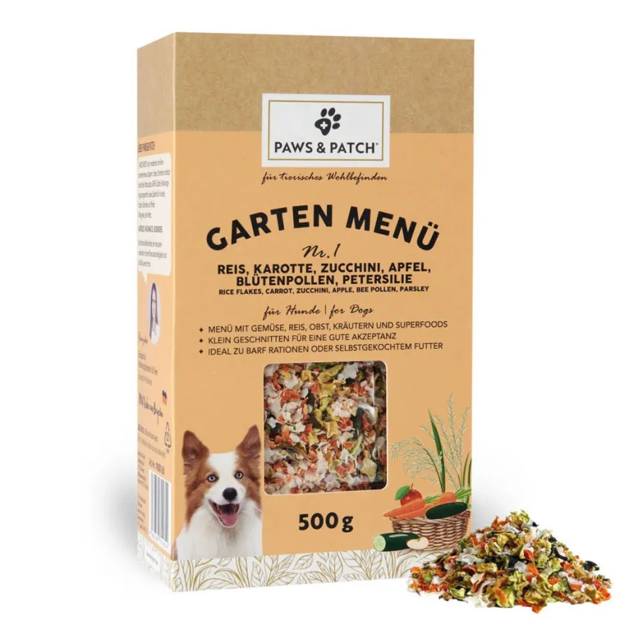 Paws & Patch GARTEN MENÜ Nr. 1 für Hunde - Reis, Karotte, Zucchini, Apfel, Blütenpollen, Petersilie | 500 g