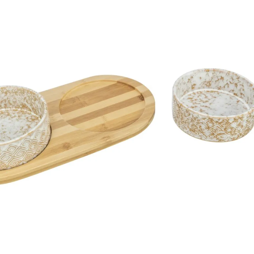 TRIXIE Napf-Set, Keramik/Bambus, weiß/hellbraun | 2 x 0,3 l