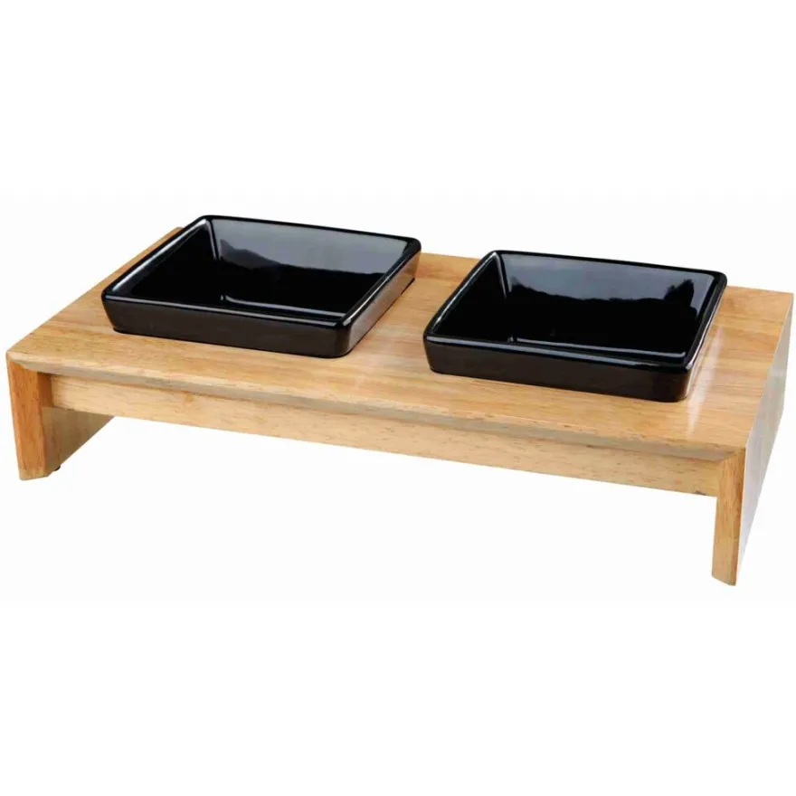 TRIXIE Napf-Set, Keramik/Holz, schwarz/hellbraun | 2 x 0,4 l