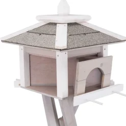 TRIXIE natura Futterhaus m. Ständer & Silo, Kiefernholz, grau/weiß | 46 x 35 x 46 cm