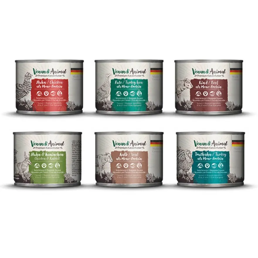 Venandi Animal - Probierpaket III - Huhn Pute Rind Kalb Truthahn Huhn&Kaninchen | 6 x 200 g