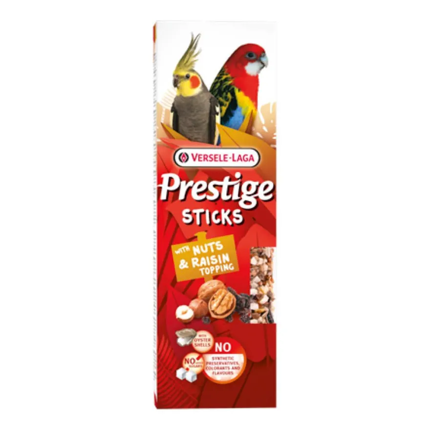 Versele Laga Prestige Sticks Großsittiche mit Nüssen & Rosinentopping - 2 Stück | 140 g